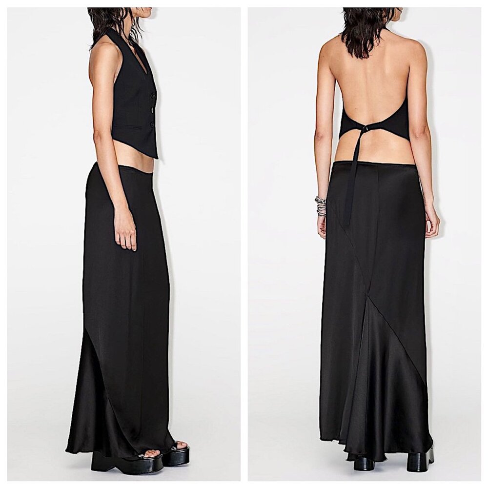 Zara Limited Edition Long Satin Effect Skirt in Black - Picture 2 of 16